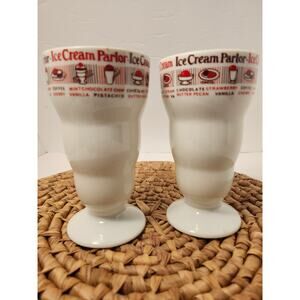 Vintage Ice Cream Parlor Set Of 2 Milk Shake Cups Glasses Tall Footed 6" Multi